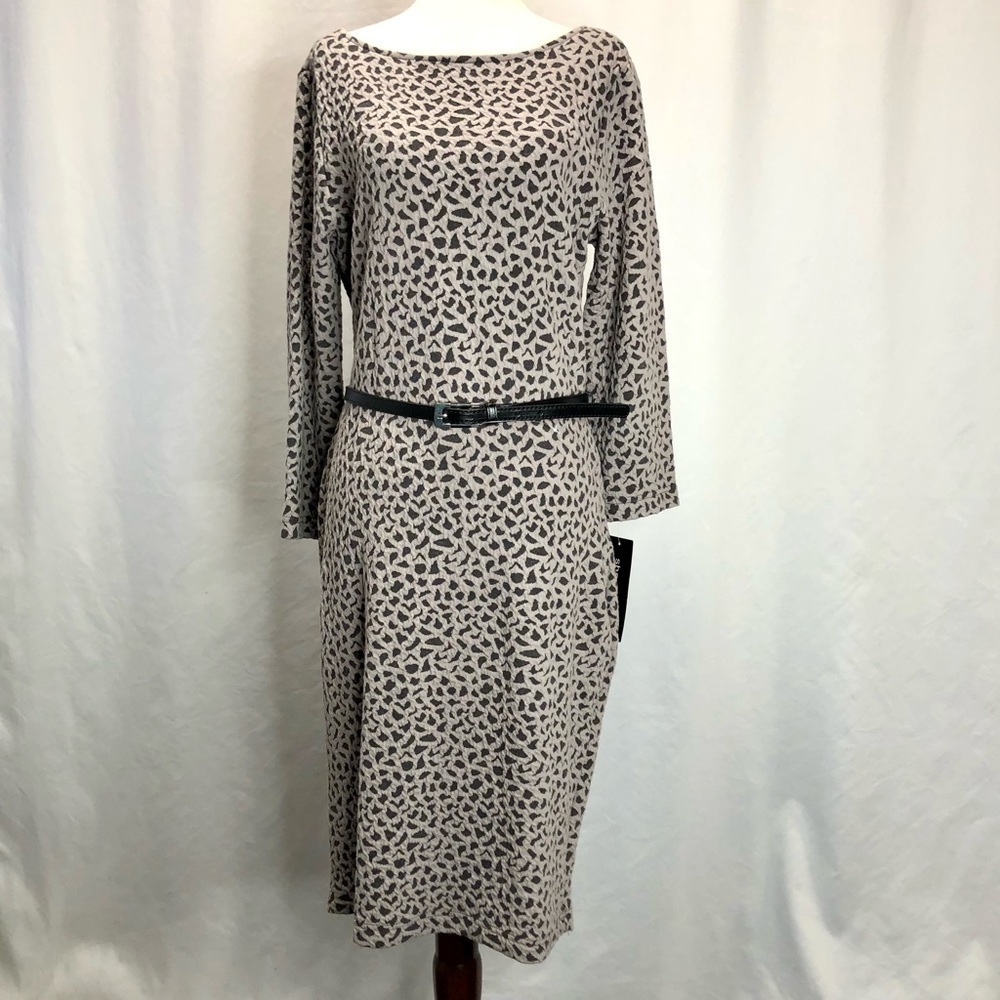 NWT Sharagano sheath dress abstract pattern dark grey light grey belted 12
